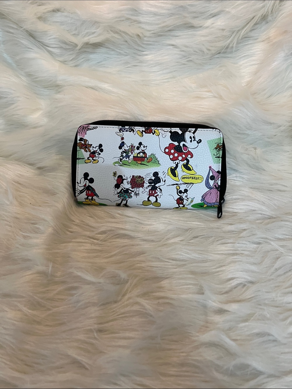 Disney White Multi-Color Classic Mickey & Minnie Zip Wallet with Black Trim